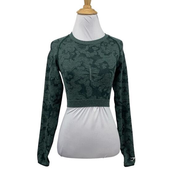 Gymshark Top Womens S Small Green Adapt Camo Long Sleeve Thumbholes Cropped - Picture 1 of 14